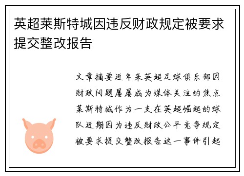 英超莱斯特城因违反财政规定被要求提交整改报告 英超莱斯特城因违反财政规定被要求提交整改报告